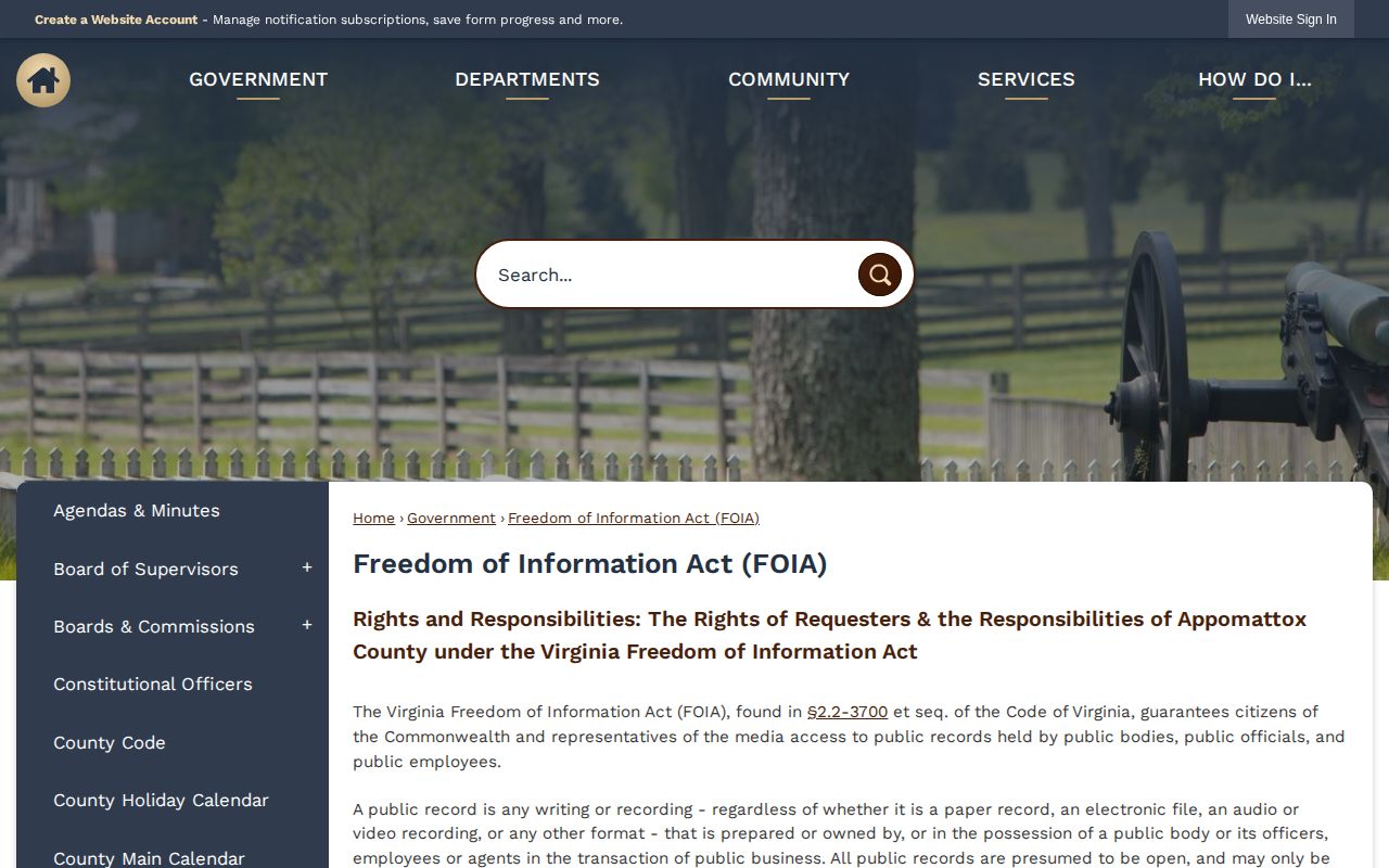 Appomattox County booking-record FOIA policy page