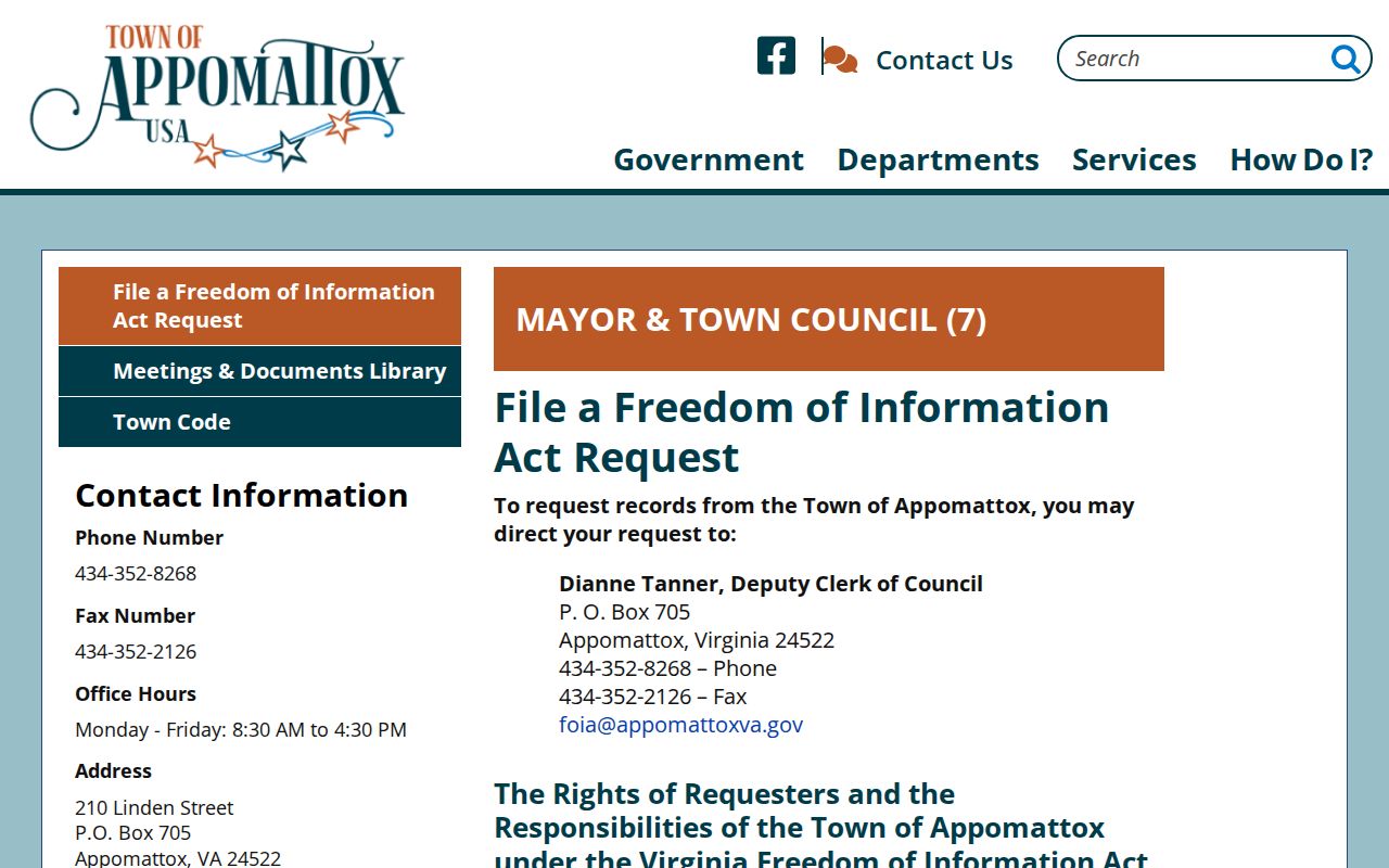 Town of Appomattox administrative records request page, not a booking record source