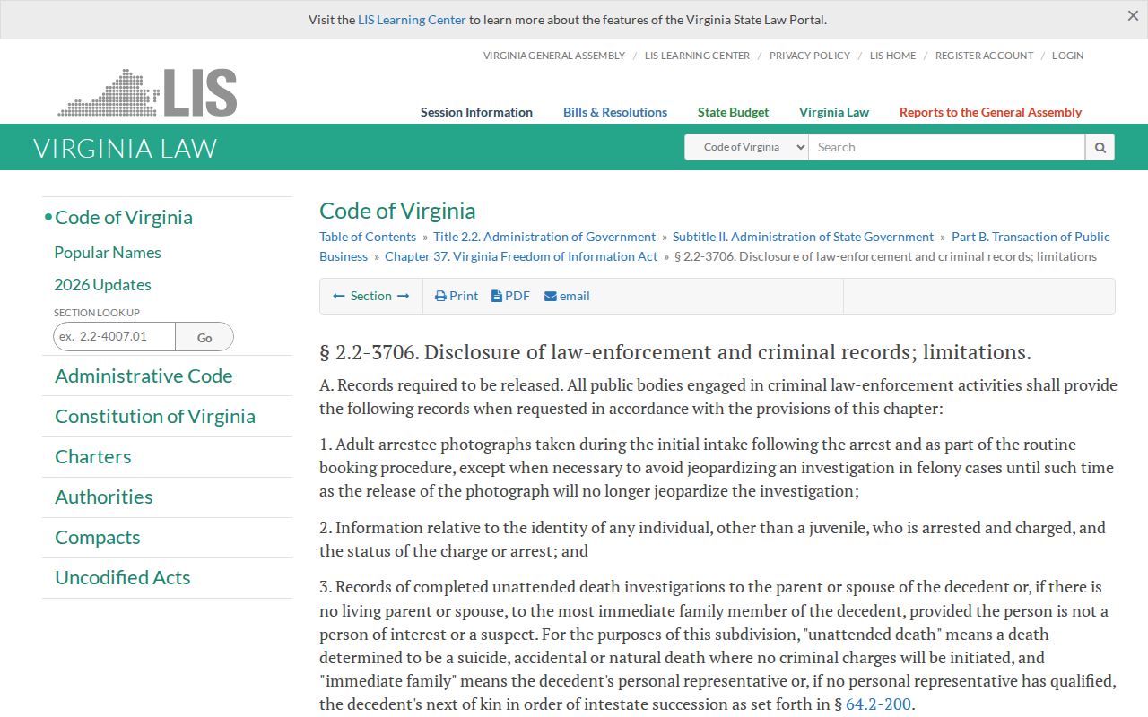 Virginia adult booking-photo public-record statute for Appomattox County requests